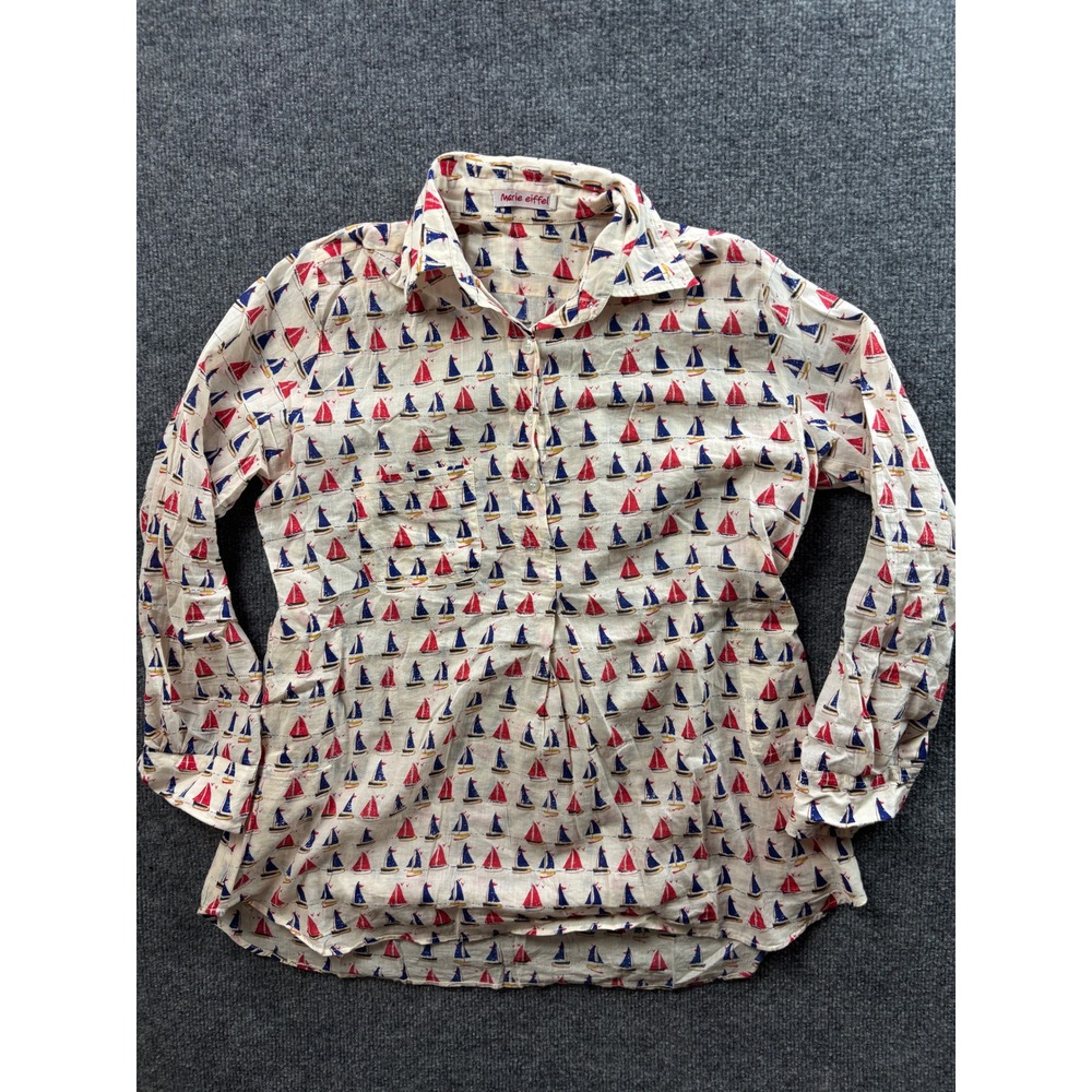 Marie Eiffel Sailboat Print Shirt Women Size S Cream Red Blue Cotton Long Sleeve